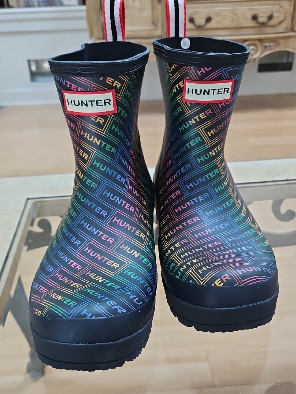 Hunter Black Rain Boots with Multicolor Logo Print